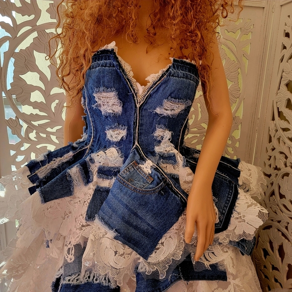 The "MOREA" Denim, Crystal & Lace Rustic Wedding Ballgown Set & Matching Boots - Picture 10 of 11